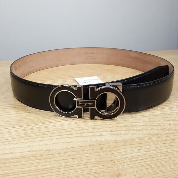 Salvatore Ferragamo Sz 32 Black Double Gancini Adjustable Leather Belt $575 - Picture 1 of 6